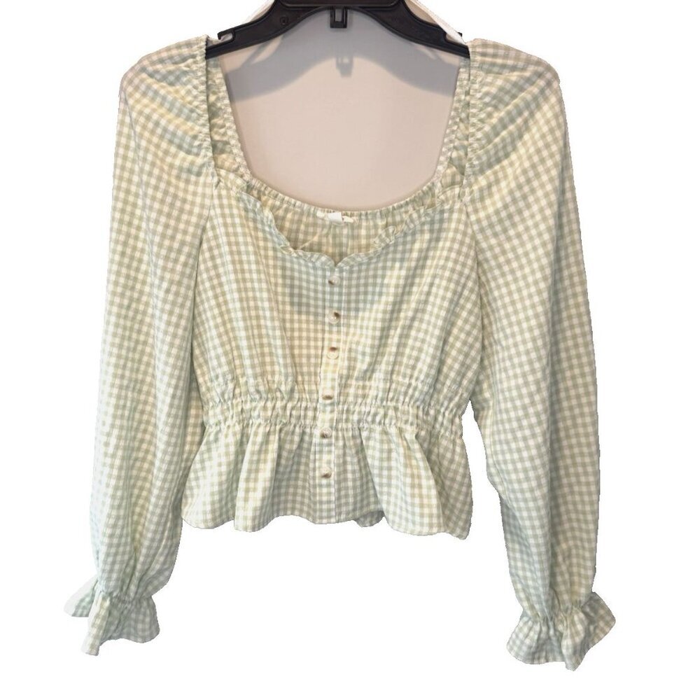 Womens Green White Gingham Plaid Ruffle Top L Peasant Fairy Festival Boho Hippie